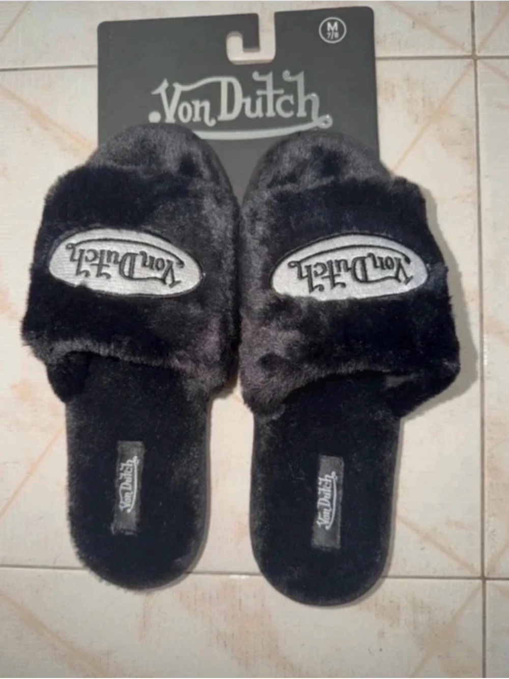 Von Dutch Black Faux Fur Slide Slippers with Logo